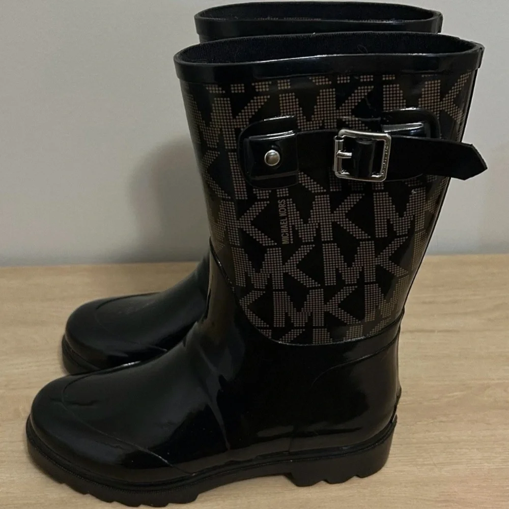 Michael Kors Monogram Print‎ Black and Brown Buckle Rain Boots Preppy Luxe Style